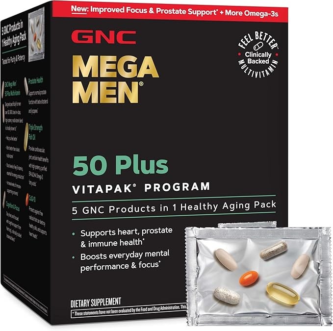 GNC 健安喜 Mega Men 50 Plus Vitapak 男士计划,30 包,30 天供应量 | 5 合 1 每日维生素包,含有经过验证的多种维生素、鱼油和锯棕榈前列腺支持