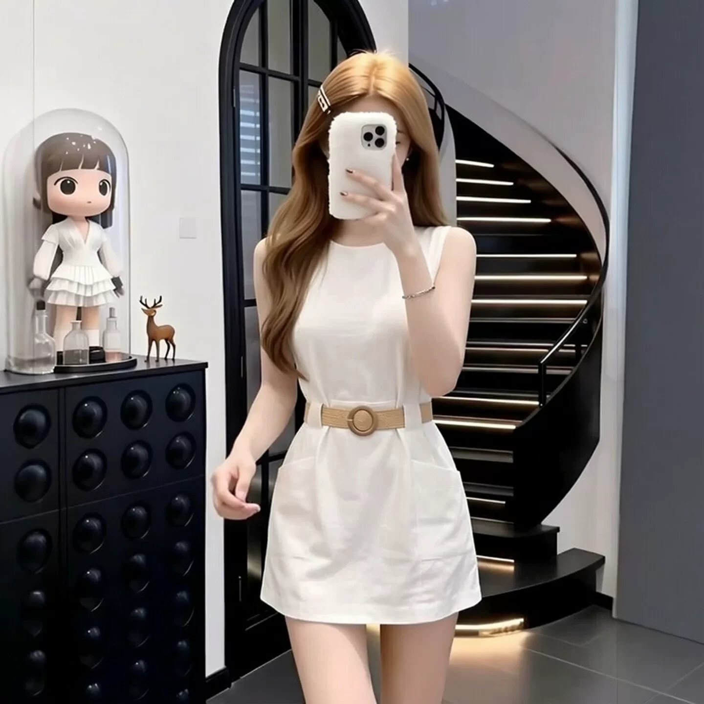 法式温柔风白色圆领无袖腰带连衣裙女2026夏季小个子收腰气质裙子