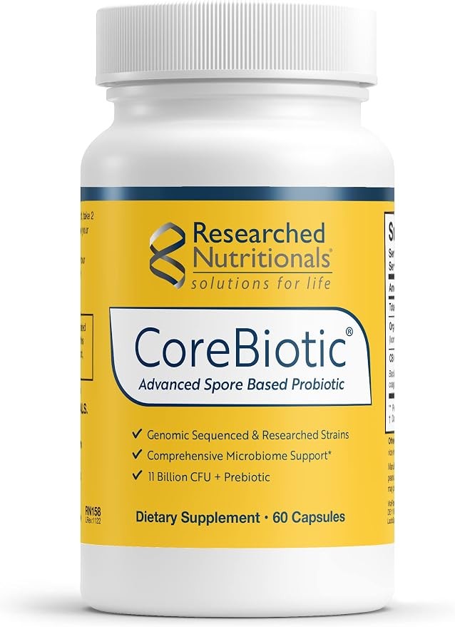 Researched Nutritionals CoreBiotic 益生菌肠道健康补充剂,60 克拉 | 孢子益生菌,肠道健康支持,3 种菌株 + 有机益生元纤维,110 亿菌落单位,货架稳定,素食和非转基因 访问 Researched Nutritionals 品牌旗舰店