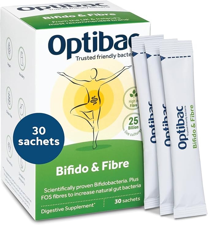 Optibac 益生菌粉含双歧杆菌和纤维 - 30 袋 | 250 亿菌落形成单位+ 4 克 FOS 纤维 | 纯素益生菌和益生元混合物 | 货架稳定且不含麸质 | 适合日常消化健康 | 250 亿高品质活性菌,帮助保持规律性,英国最值得信赖和推荐的友好细菌品牌。 访问 Optibac 品牌旗舰店