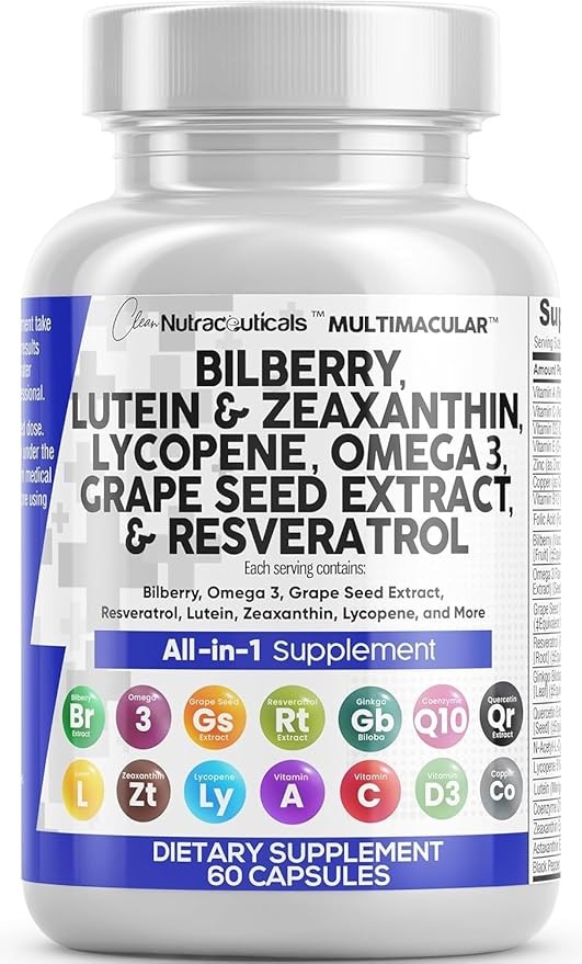 Clean Nutra Eye 维生素含越橘叶黄素和玉米黄质补充剂番茄红素 40mg 白藜芦醇葡萄籽虾青素 眼部护理健康支持眼部维生素和矿物质补充剂